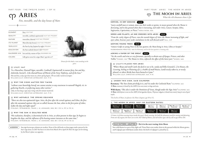 The Aries spread: element, quality and planet with Lilly's and Ptolemy's words and a drawn ram, beside The Moon in Aries with the almanacs' rules and her 2027 dates
